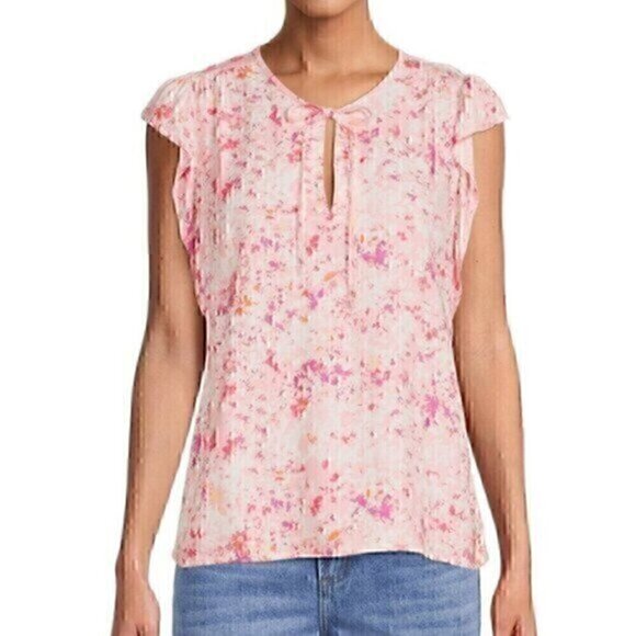 NEW NWT TIME AND TRU Woven Ruffle Top Light Pink Floral Short Flutter Sleeve XL - Picture 1 of 12